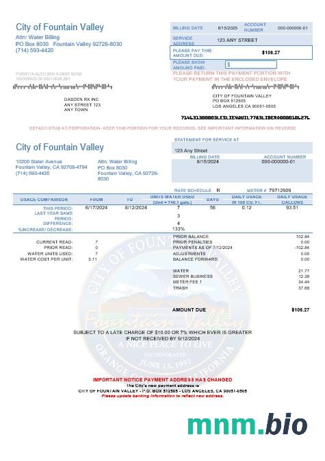 Usa California City of Fountain Valley rachunek za usługi komunalne szablon w formacie Word i PDF